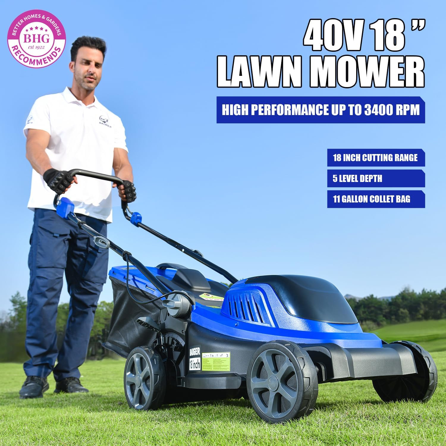 Wild Badger Power 40V 18″ Cordless Lawn Mower Brushless   5 445 sq ft/0.125 ac  1×4.0Ah Battery & Fast Charger  5-Position Height  for Small-to-Medium Lawns