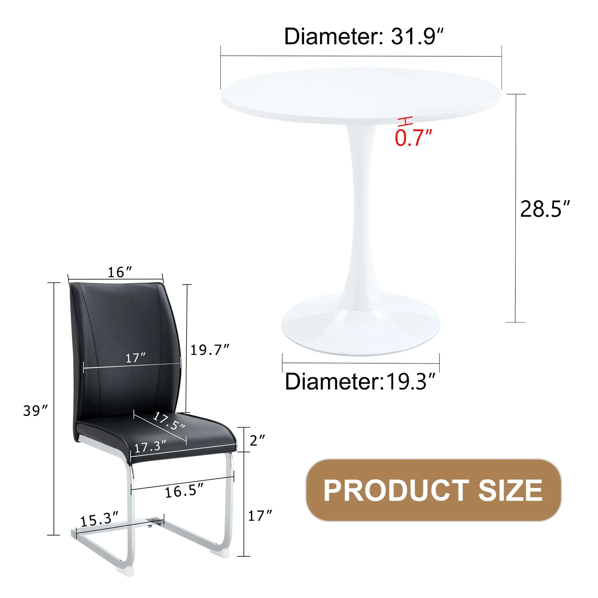 Table and chair set,Hourglass-Shaped Stable Small Round Table With 2 Soft and Comfortable PU Chair With Arched Metal Leg