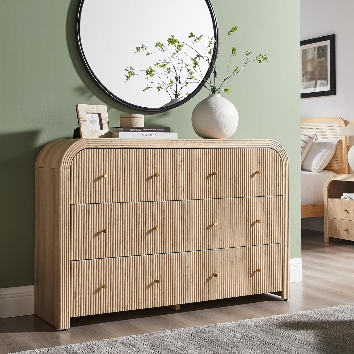 T4TREAM Fluted 6 Drawers Dresser for Bedroom, 54 Wide Modern Chest of Drawers with Thickened Curved Profile Design, Wood Dressers TV Stand for Bedroom, Living Room, Hallway, Natural Oak