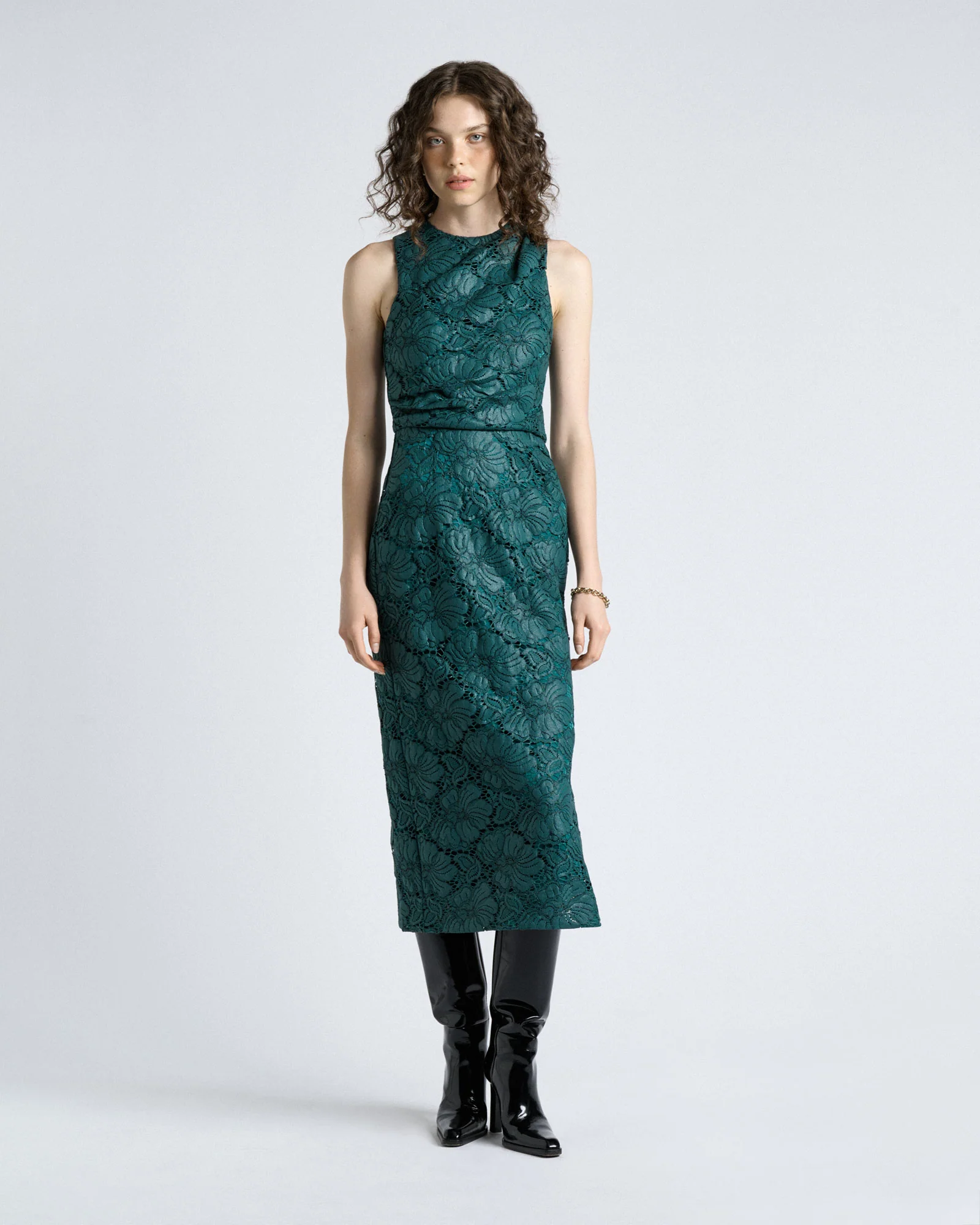 Deep Green European Coated Lace Column Dress