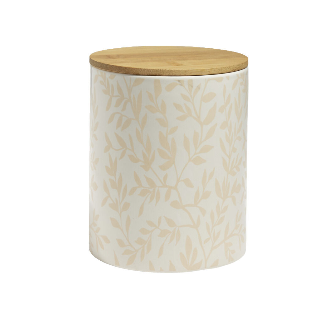 Pot de conservation 1,2L grès motif feuillage couvercle bambou Ø12xH14,5cm