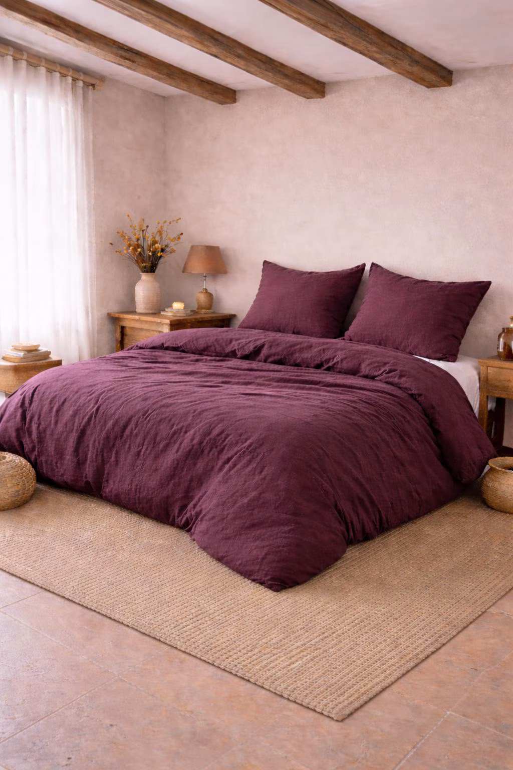 Plum Wine Washed Linen Duvet Cover Set – Soft Breathable Bedding with Pillowcases, Bedroom Decor, Comforter Cover King Queen Duvet Cover Set