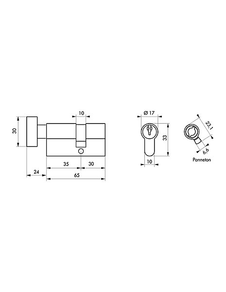 Cylindre de serrure à bouton, 35Bx30mm, anti-arrachement, laiton, 3 clés - THIRARD