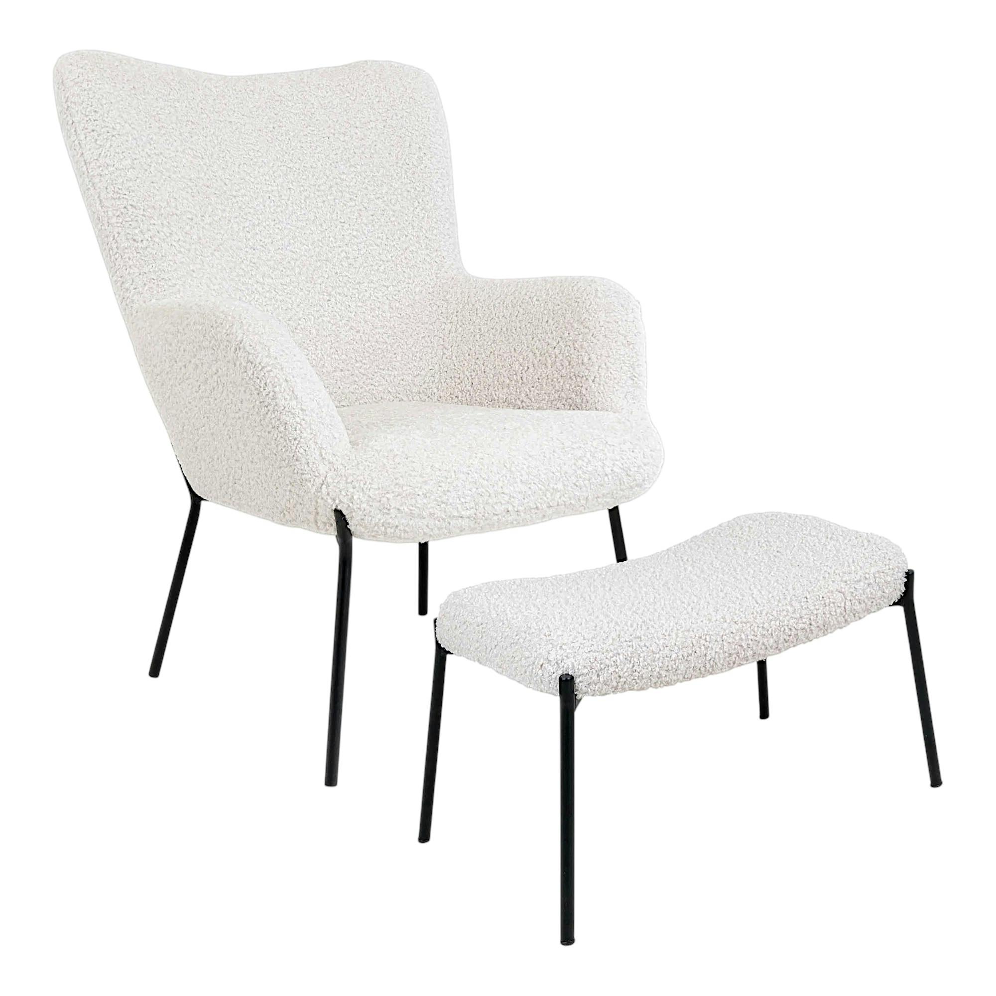 Fauteuil de salon en bouclette blanche avec repose-pieds BERLIN