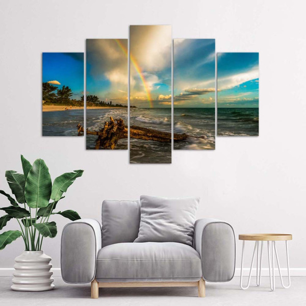 Feeby Obraz 5 częściowy na płótnie Tęcza nad plażą 100x70