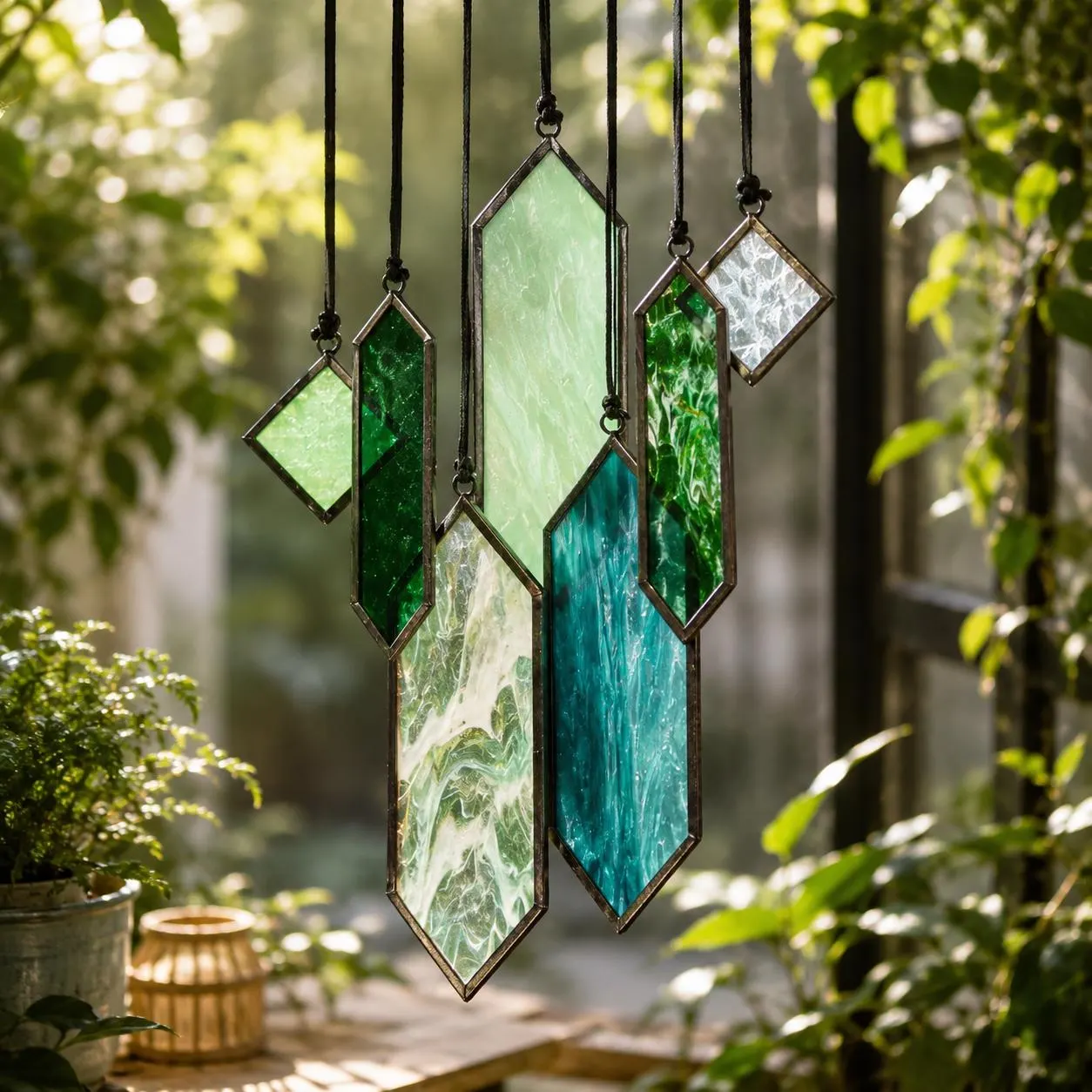 Geometric Stained Glass Wind Chime, Blue Green Suncatcher, Modern Window Hanging, Boho Garden Decor, Housewarming Gift for Mom