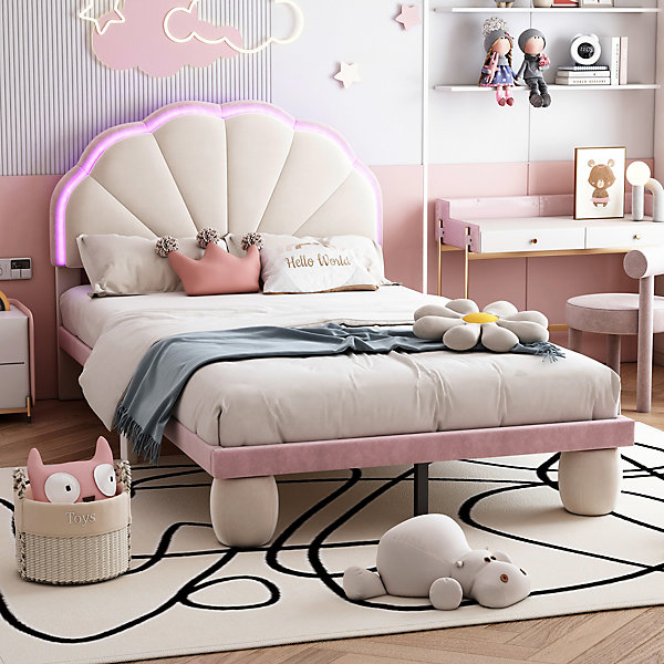 Lit enfant 90x200 cm - Lit Simple avec LED Multicolores, Pieds Ronds Capitonnés, Velours, Sans Matelas - Beige et Rose