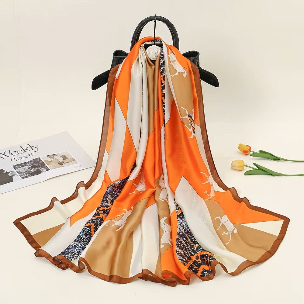PEACH ACCESSORIES Orange and Cream Horse Motif Satin Scarf