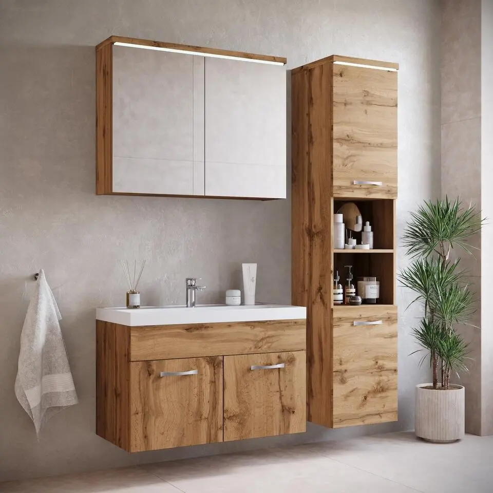 Badplaats Badkamermeubel Paso LED 80cm met spiegelkast - eiken