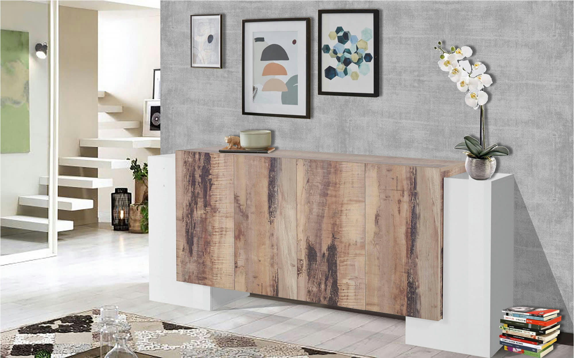 NANDO - Buffet avec 6 portes effet bois en blanc brillant et érable