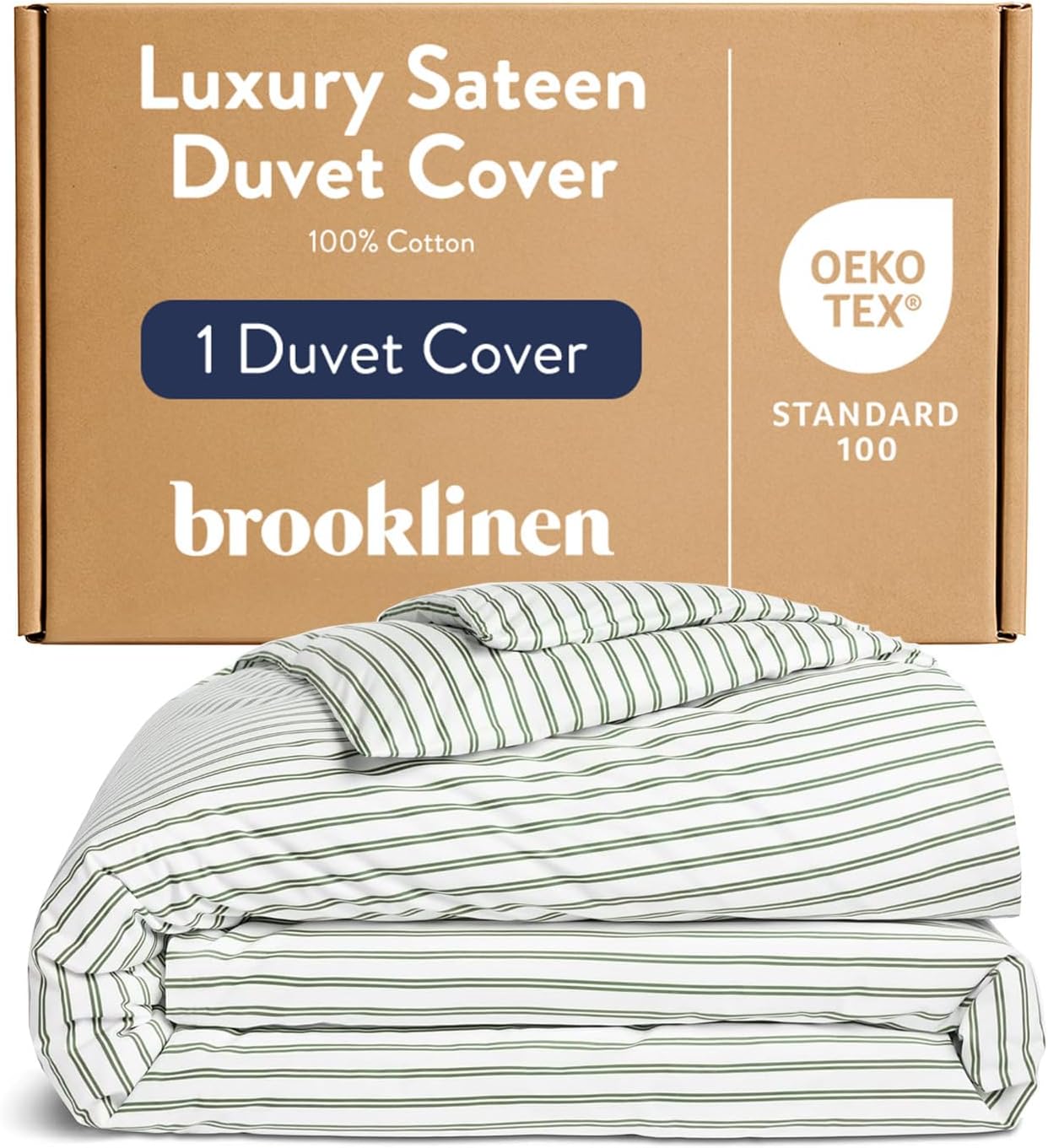 Brooklinen Luxury Sateen Duvet Cover - 100% Cotton, Twin/Twin XL Size in Green Tandem Stripe with Extra-Long Corner Ties and Button Closure - Best Twin/Twin XL Duvet Covers