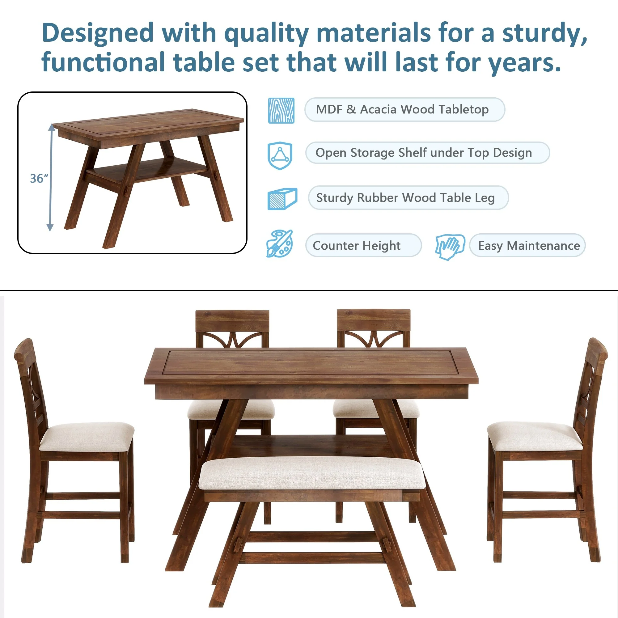 Rustic Style Wooden 6-Piece Dining Table Set with Storage Shelf, Bench and 4 Chairs