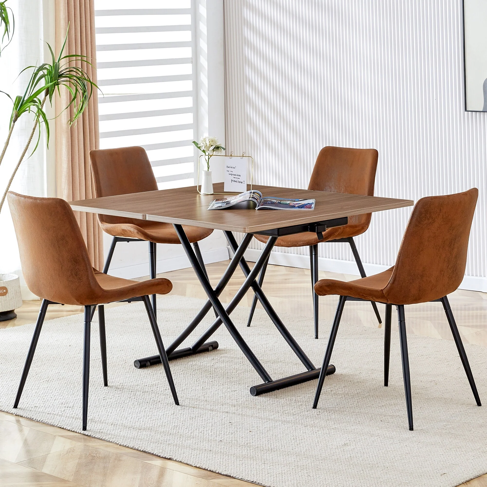 5-Piece Dining Lift Table Set with Folding Table Top and 4 Suede Upholstered Dining Chairs