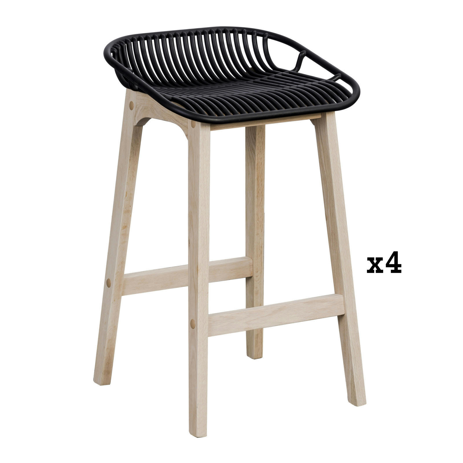 MALMO - Tabourets d'ilot 65 cm  pieds chêne assise plastique noire - Lot de 4