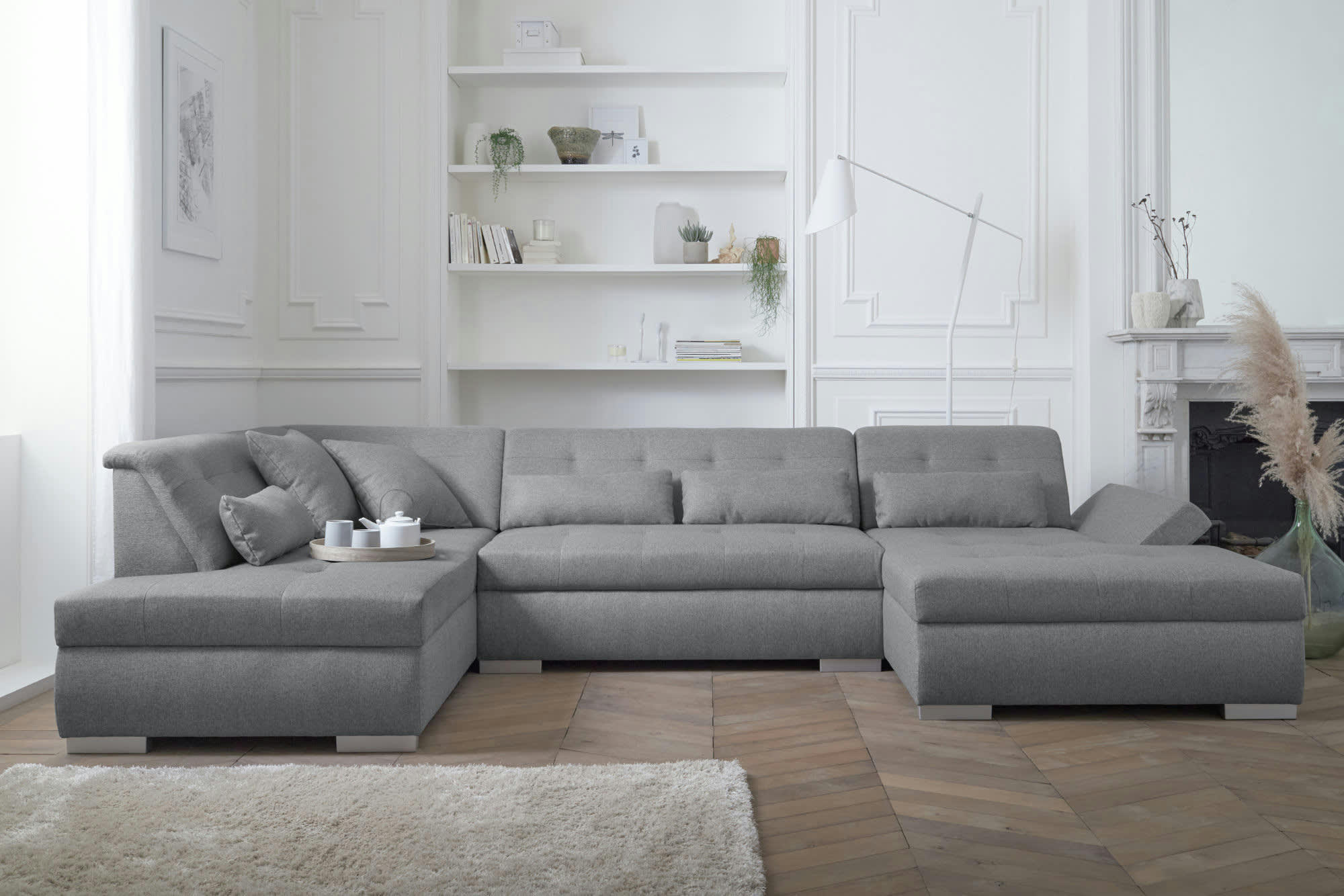 VERMONT - Canapé panoramique 7 places angle gauche en tissu gris clair