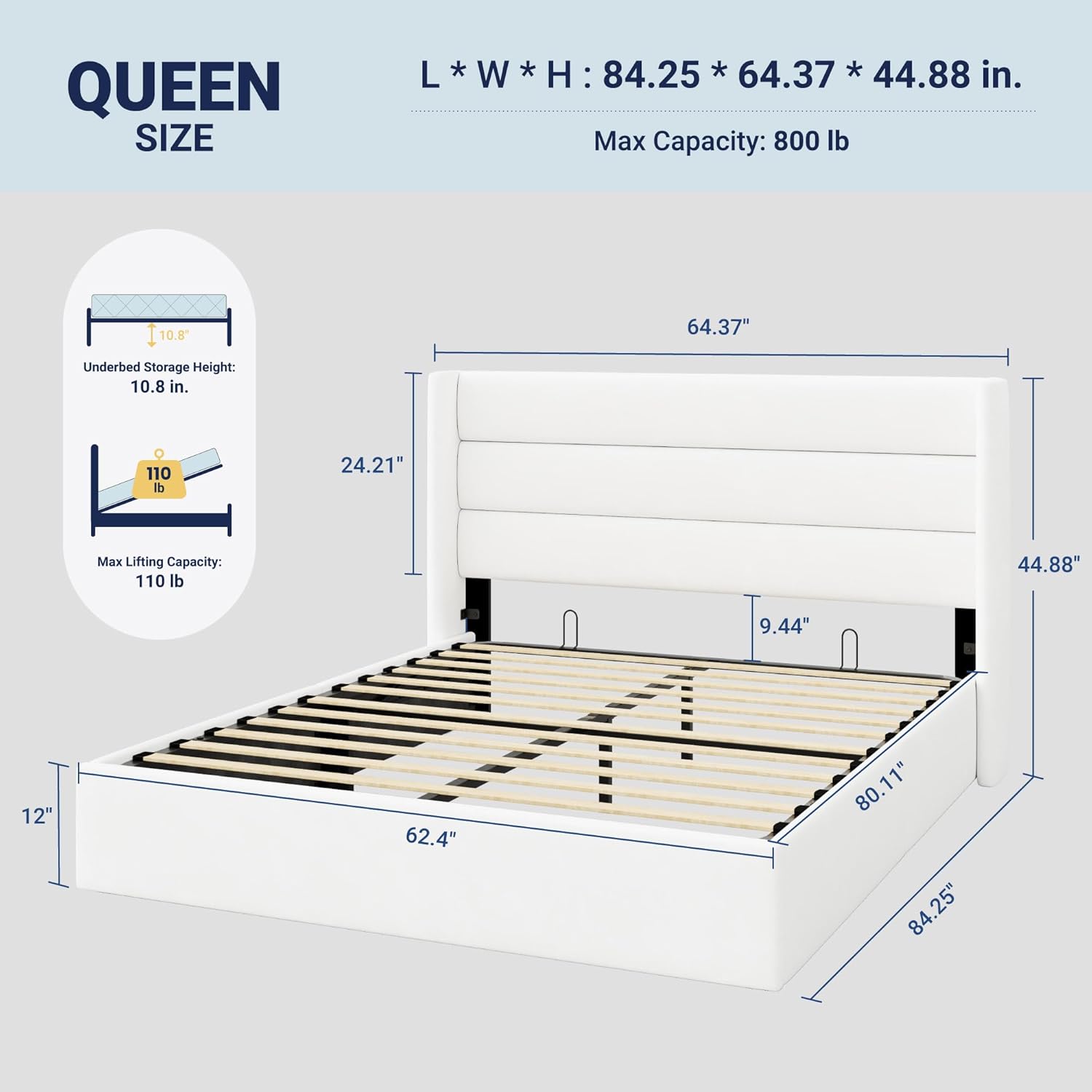Allewie Queen Size Velvet Lift Up Storage Bed, Modern Wingback Headboard, Hydraulic Support, No Box Spring Needed, White