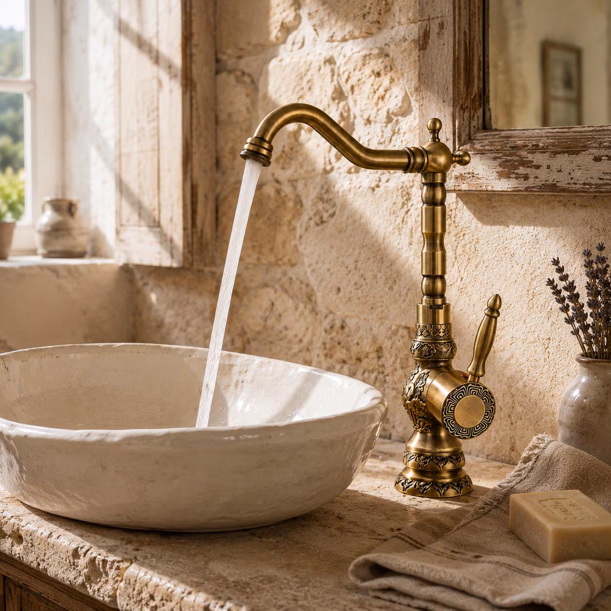 Vintage Brass Bathroom Faucet, Ornate Single Handle Vessel Sink Mixer Tap, Tall or Short Antique Basin Faucet