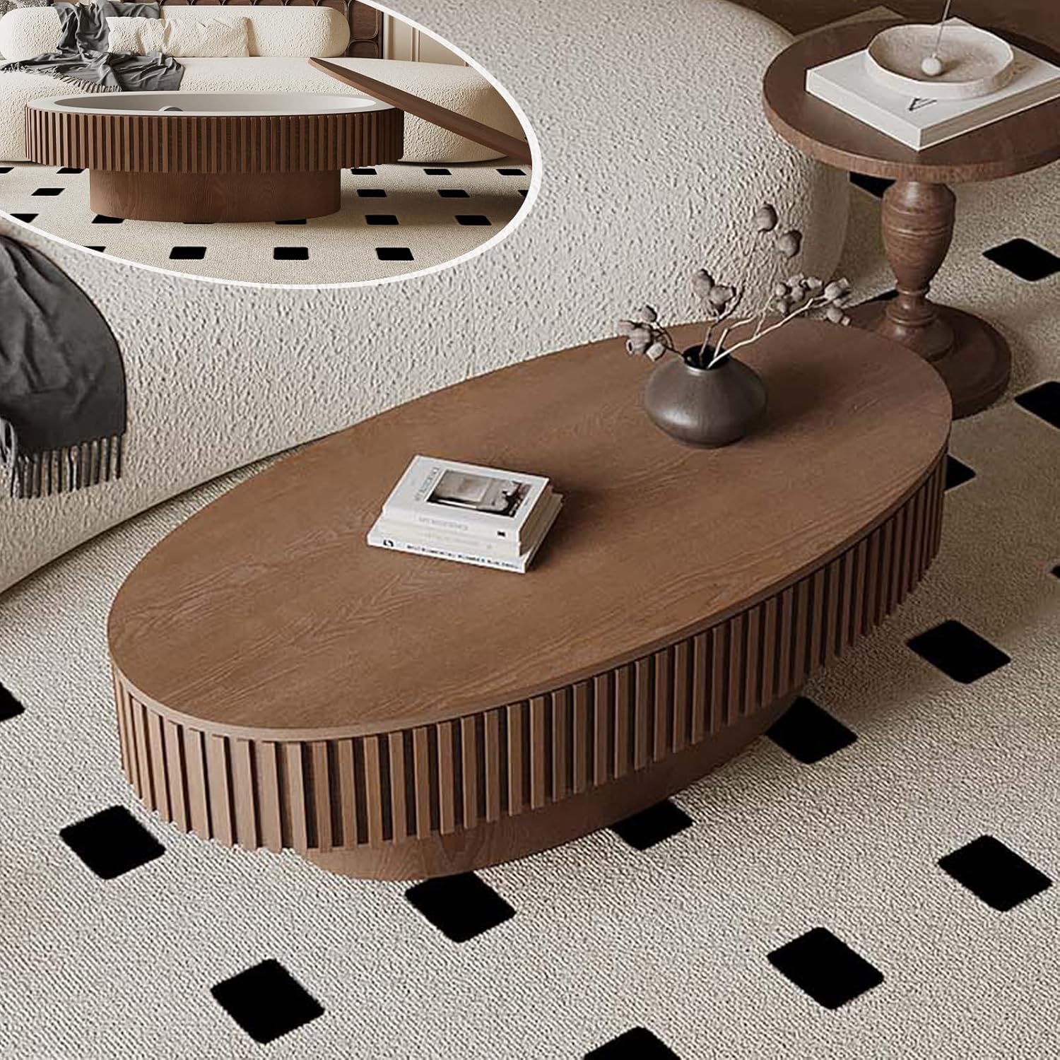 Oval Coffee Table with Storage, Modern Walnut Coffee Table with Solid Wood Veneered, Fluted Center Table Wood Drum Tea Table for Living Room Apartment, 47.2''L×23.6''W×14.2''H