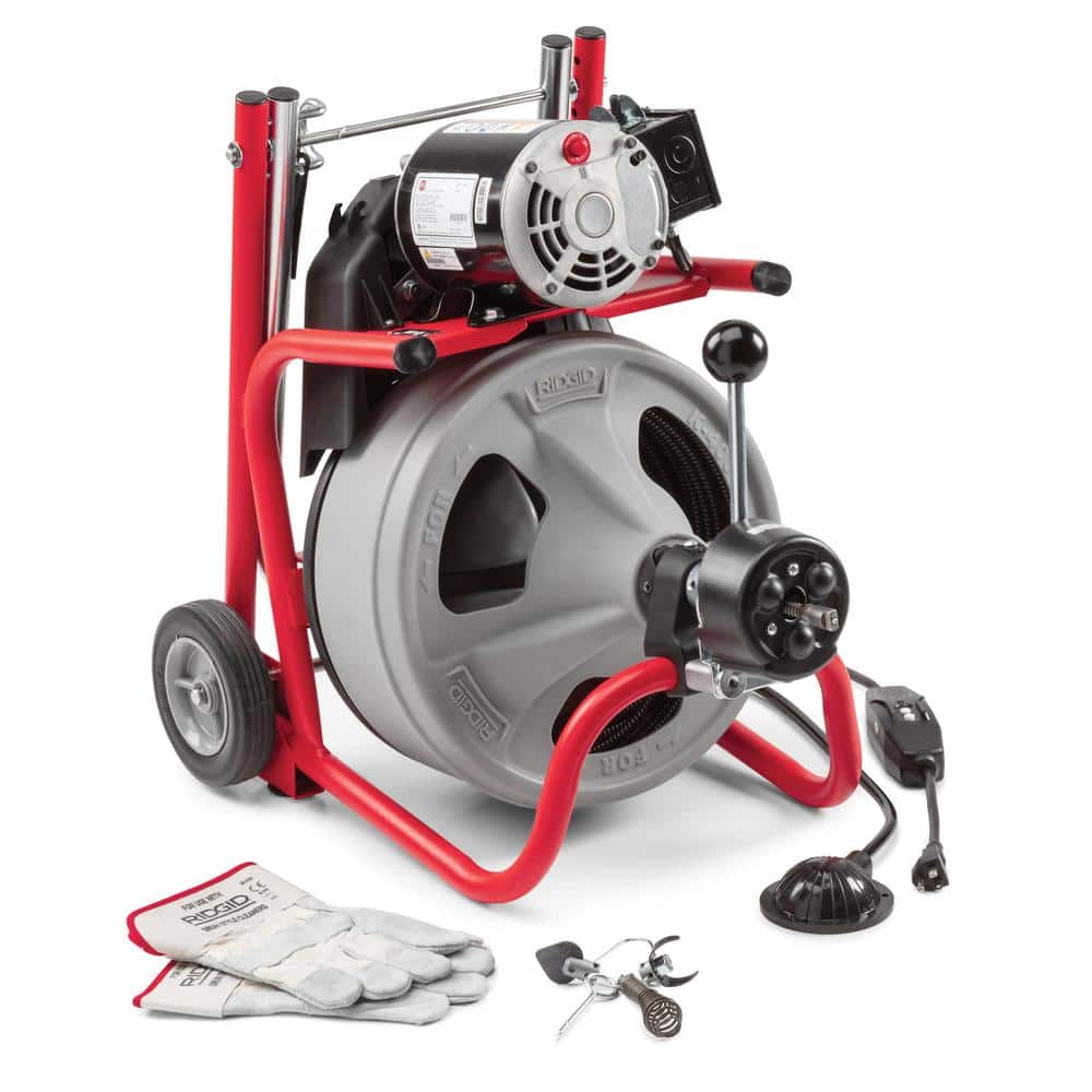 K-400 Drain Cleaning Snake Auger 120-Volt Drum Machine with C-32IW 3/8 in. x 75 ft. Cable + 4-Piece Tool Set  Gloves 52363