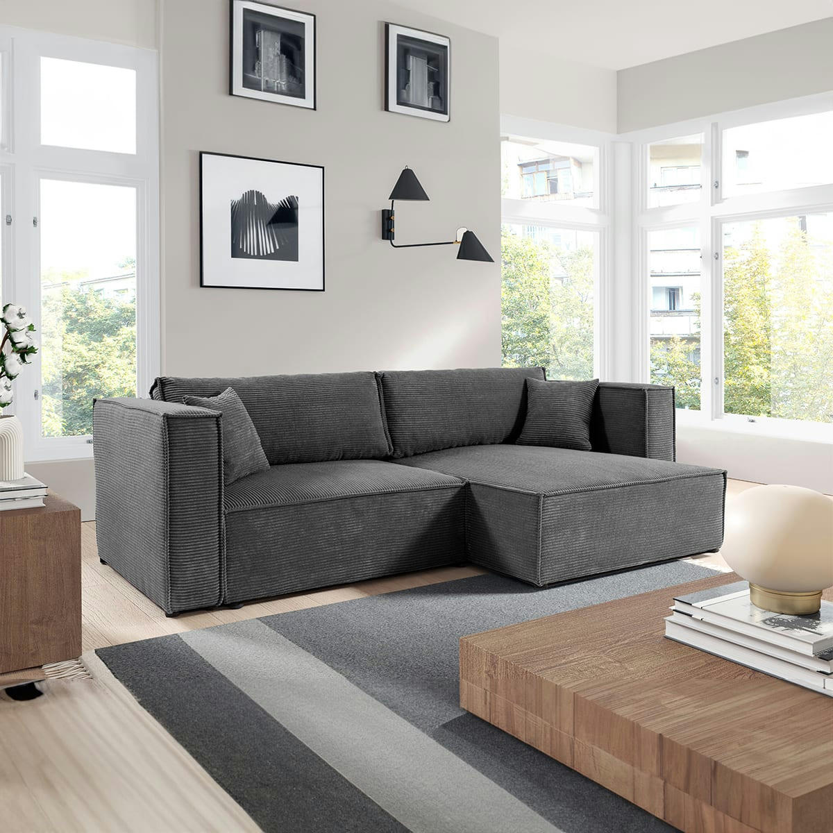 - Canapé d'angle réversible convertible 3 places velours côtelé gris