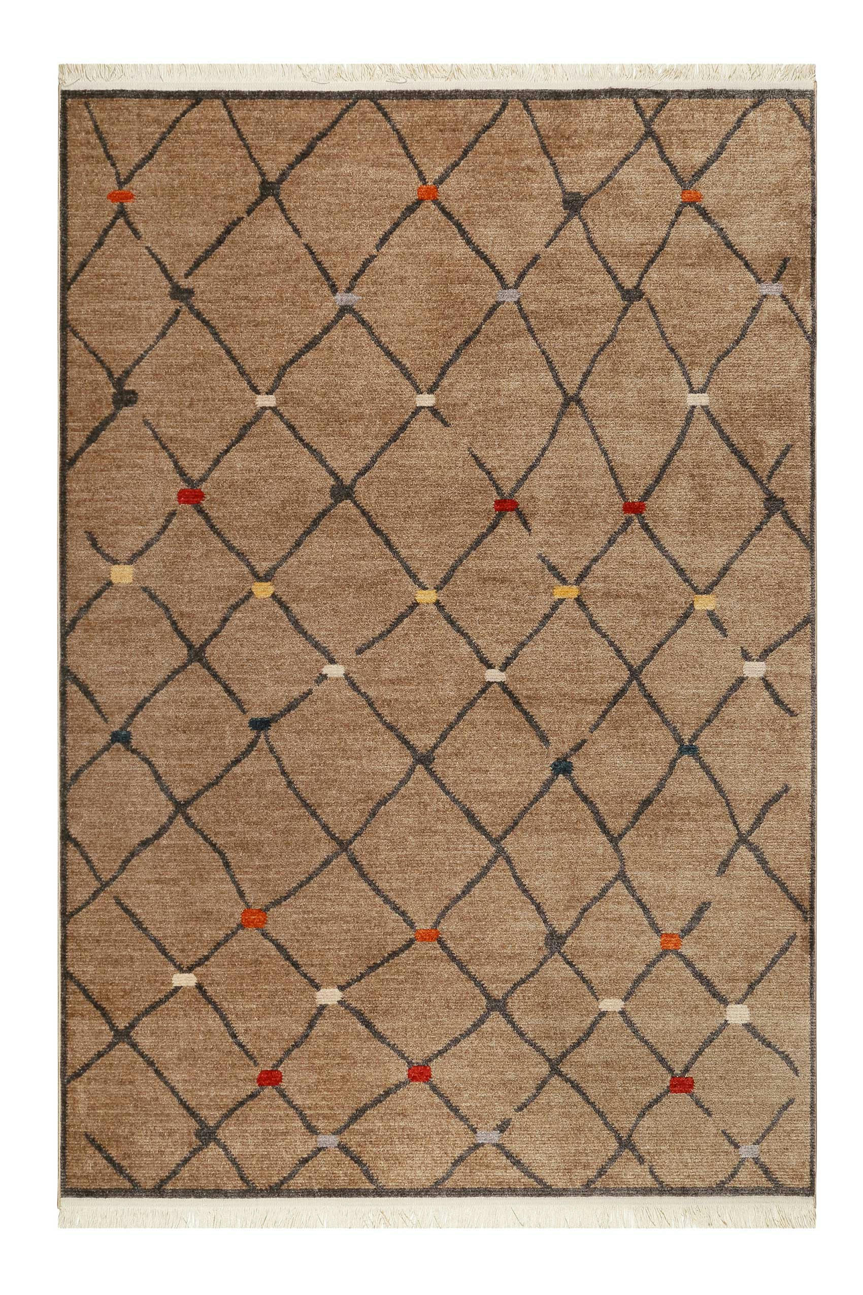 MARCHE BONSECOURS - Tapis tissé ethnique chic à franges multicolore fond marron 160x225