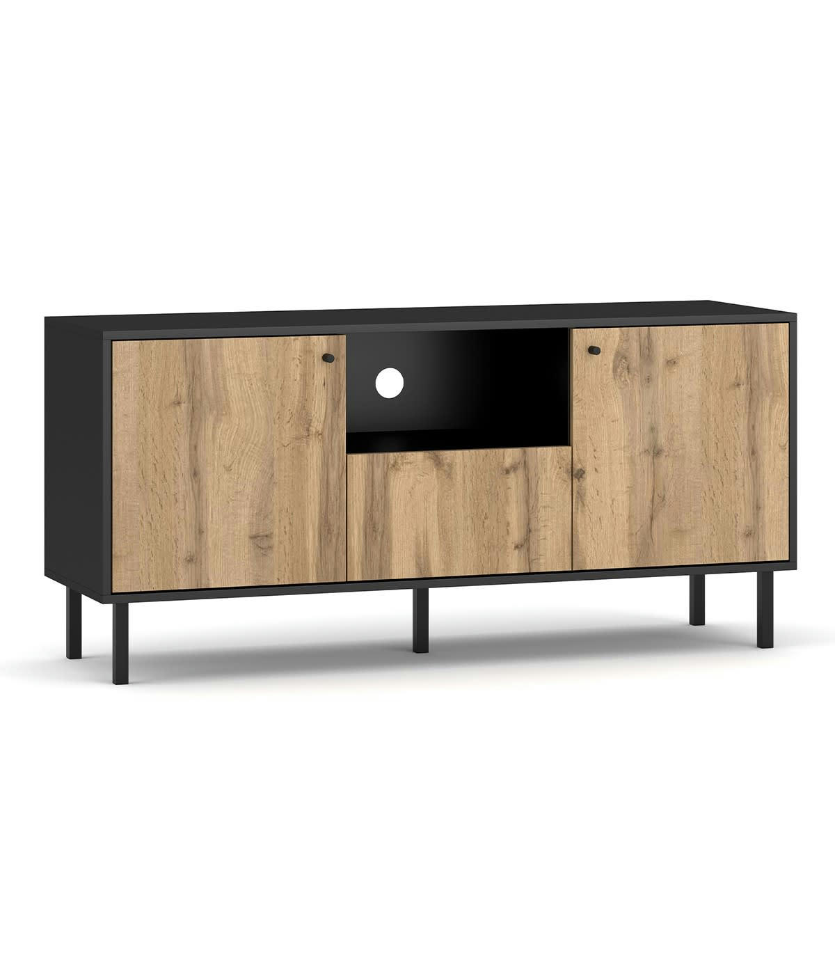BOSPE - Meuble TV 2 portes 1 tiroir décor Chêne et Noir - L140 cm