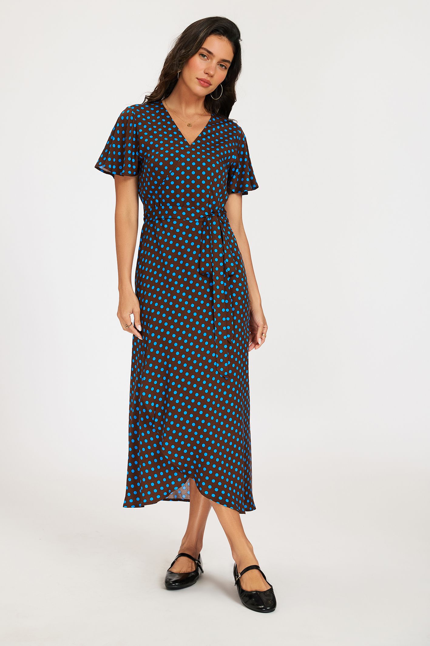 FS Collection Brown & Blue Polka Dot Print Wrap Dress