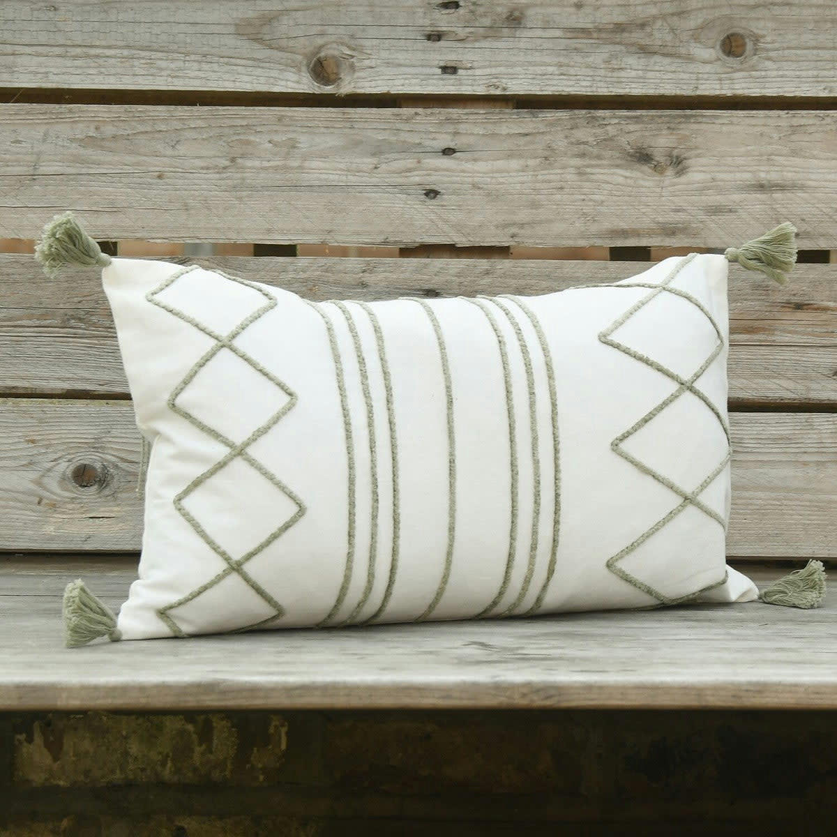 ISTANBUL - Housse de coussin coton  50x30 blanc / vert kaki