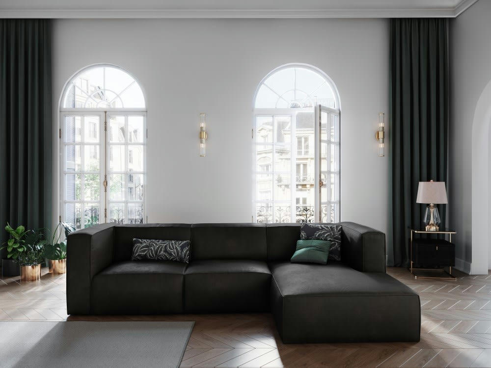 MUSE - Canapé d'angle 5 places en cuir noir