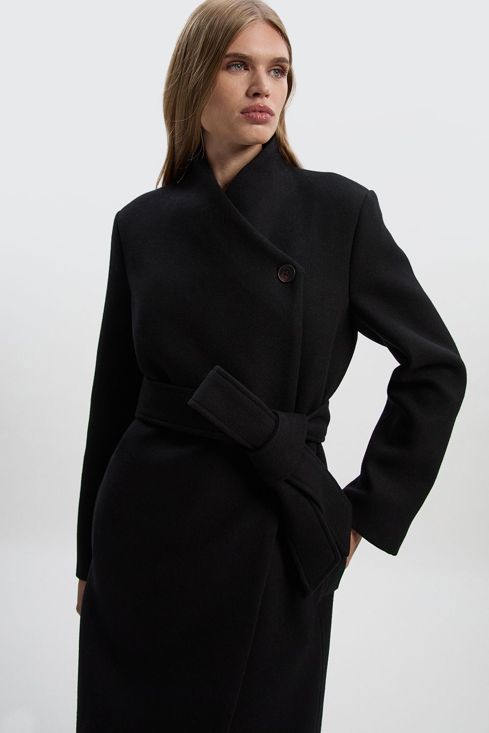 KarenMillen Wool Wrap Neck Tailored Belted Midi Coat