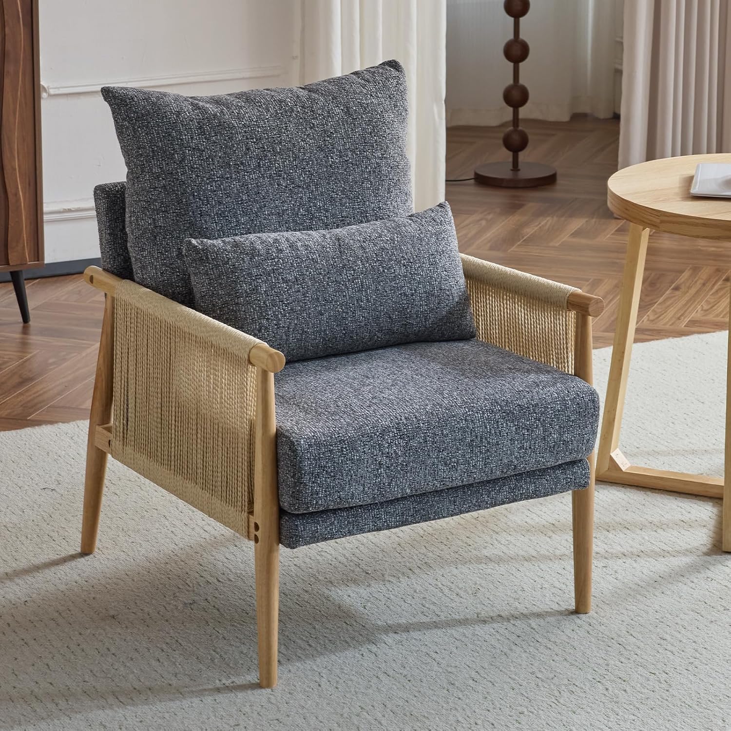 Karl home Cozy Chenille Accent Chair with Lumbar Pillow & Rattan Arms Modern Lounge Chair for Living Room, Bedroom, Reading Nook, Dark Gray