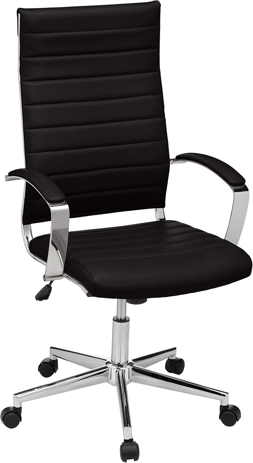 Amazon Basics High-Back Swivel Office Chair with Lumbar Support, Ergonomic Ribbed Faux Leather, Adjustable Height, 45.25 x 24.75 x 23.25, Black
