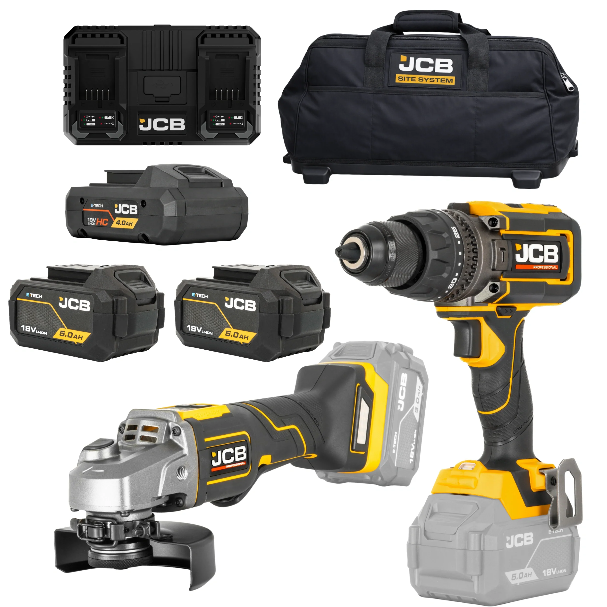 JCB Professional Zestaw Szlifierka 125mm + Wiertarko-Wkrętarka 160Nm 18V 4,0Ah + 2x 5,0Ah Podwójna Ładowarka Torba