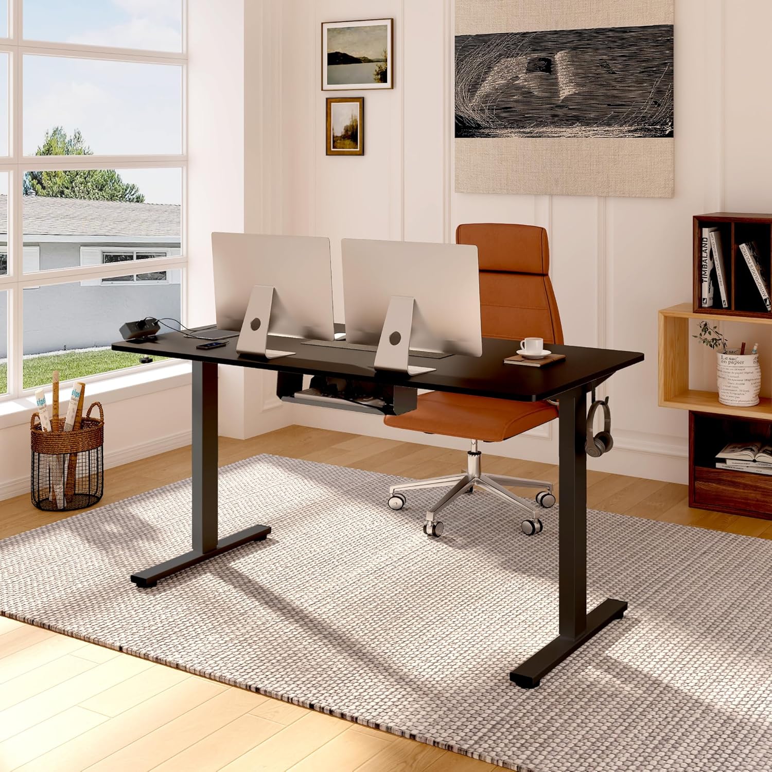 FLEXISPOT EN2 Whole-Piece Standing Desk with Clamp Power Strip, 55 x 28” Electric Stand Up Height Adjustable Desk with Cable Management (Black Frame + 55 Black Top, 2 Packages)