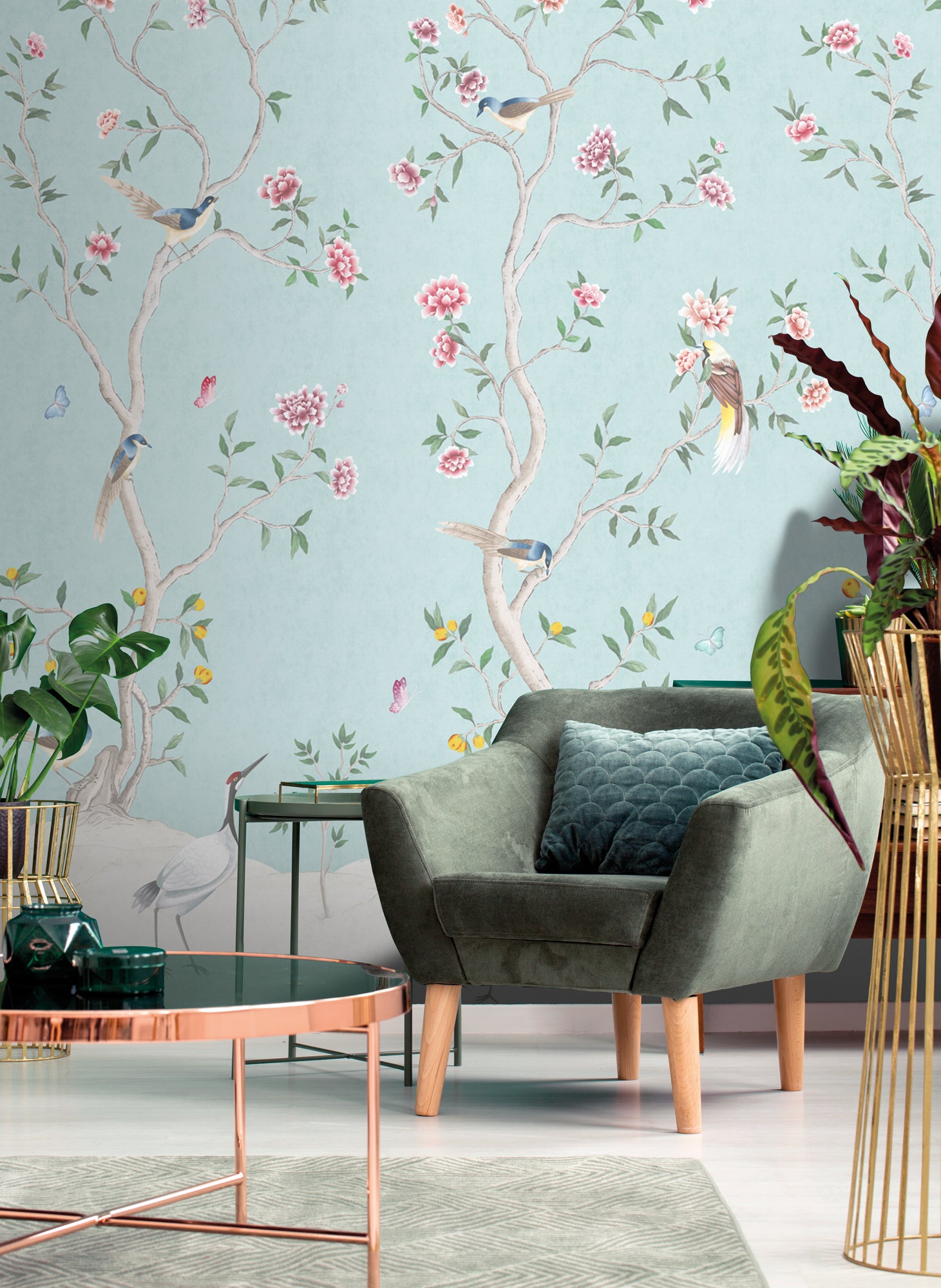 Sanders & Sanders fotobehang bloemen en vogels lichtblauw - 159 x 280 cm - 640213