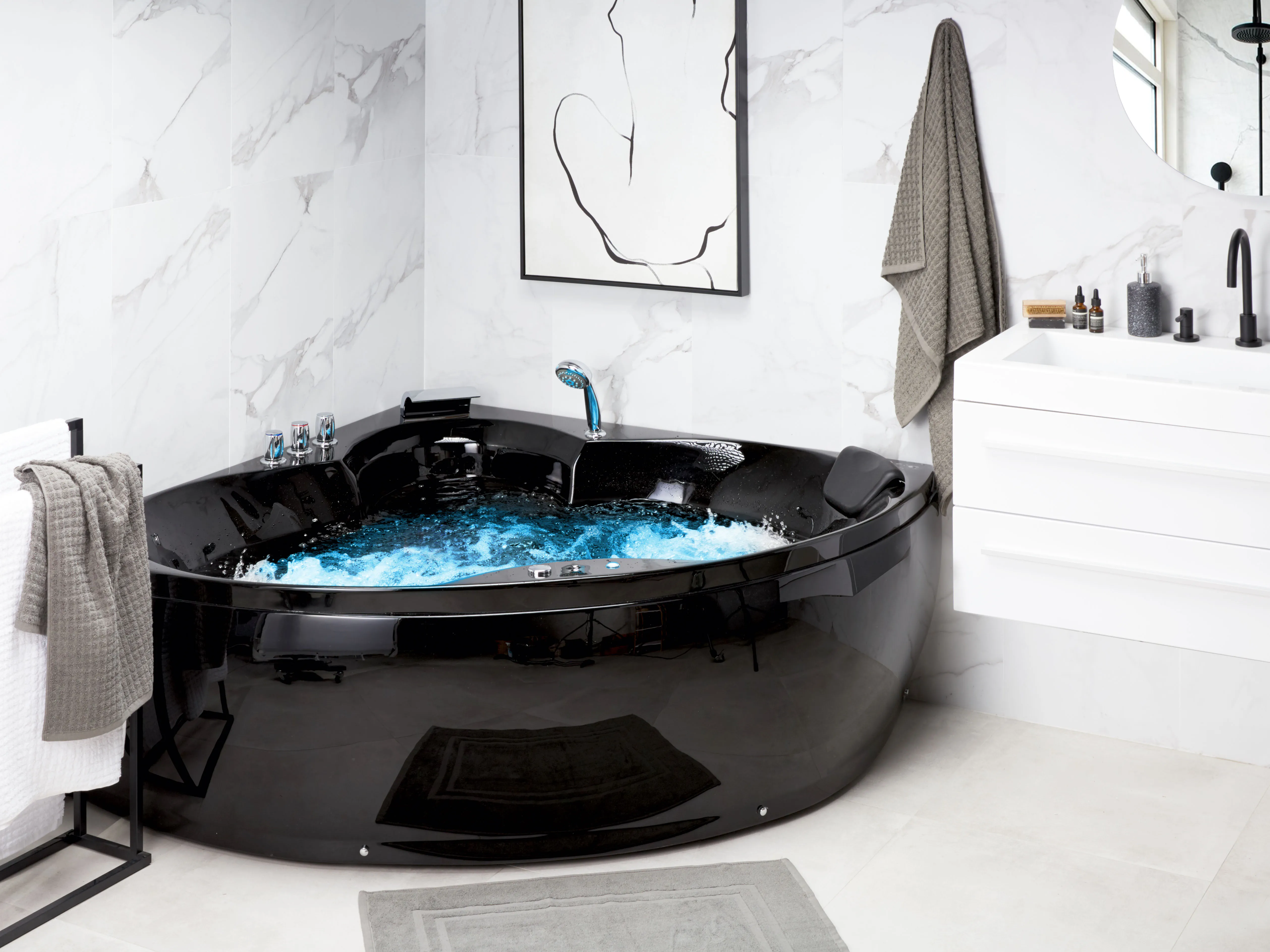 Corner Hot Tub with LED SENADO 2050 x 1500 mm Black