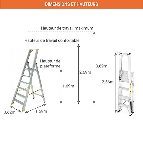 Escabeau 8 marches grande plateforme - Hauteur max. de travail 3.69m - 9308