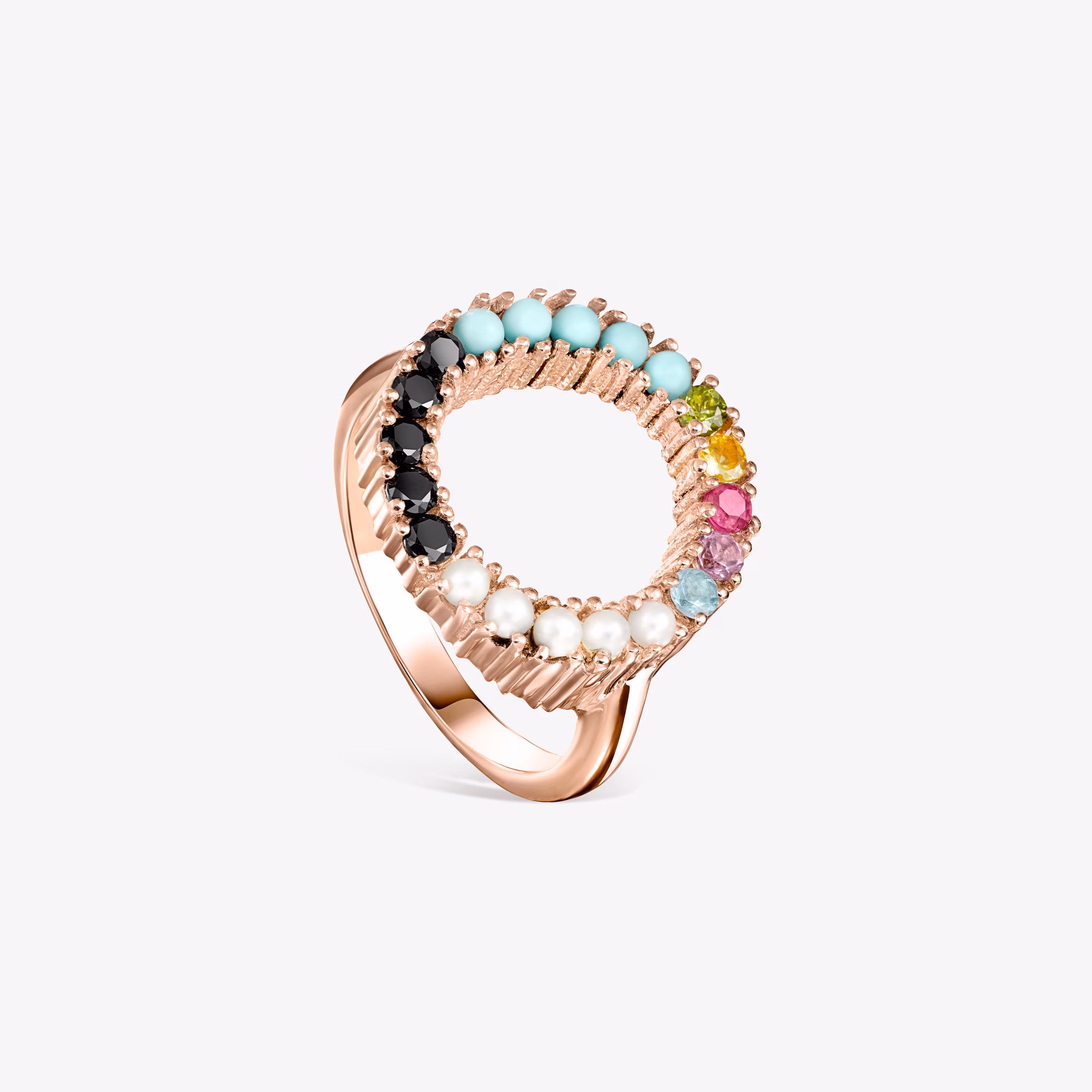 Anillo disco de plata vermeil rosa con gemas multicolor Straight