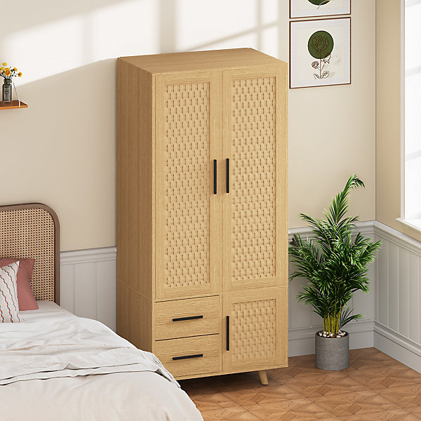 Armoire effet chêne avec portes cannage et 2 tiroirs, penderie intégrée, poignées métal noir