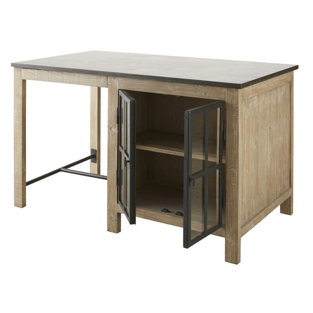 Greta - Îlot central cuisine 2 portes vitrées en pin recyclé grisé