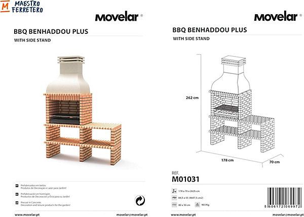 MOVELAR - Barbecue en Béton pour Bois/Charbon BENHADDOU PLUS avec étagère et Grille (Orange/Beige-178x70x262cm) M01031 - Extérieur