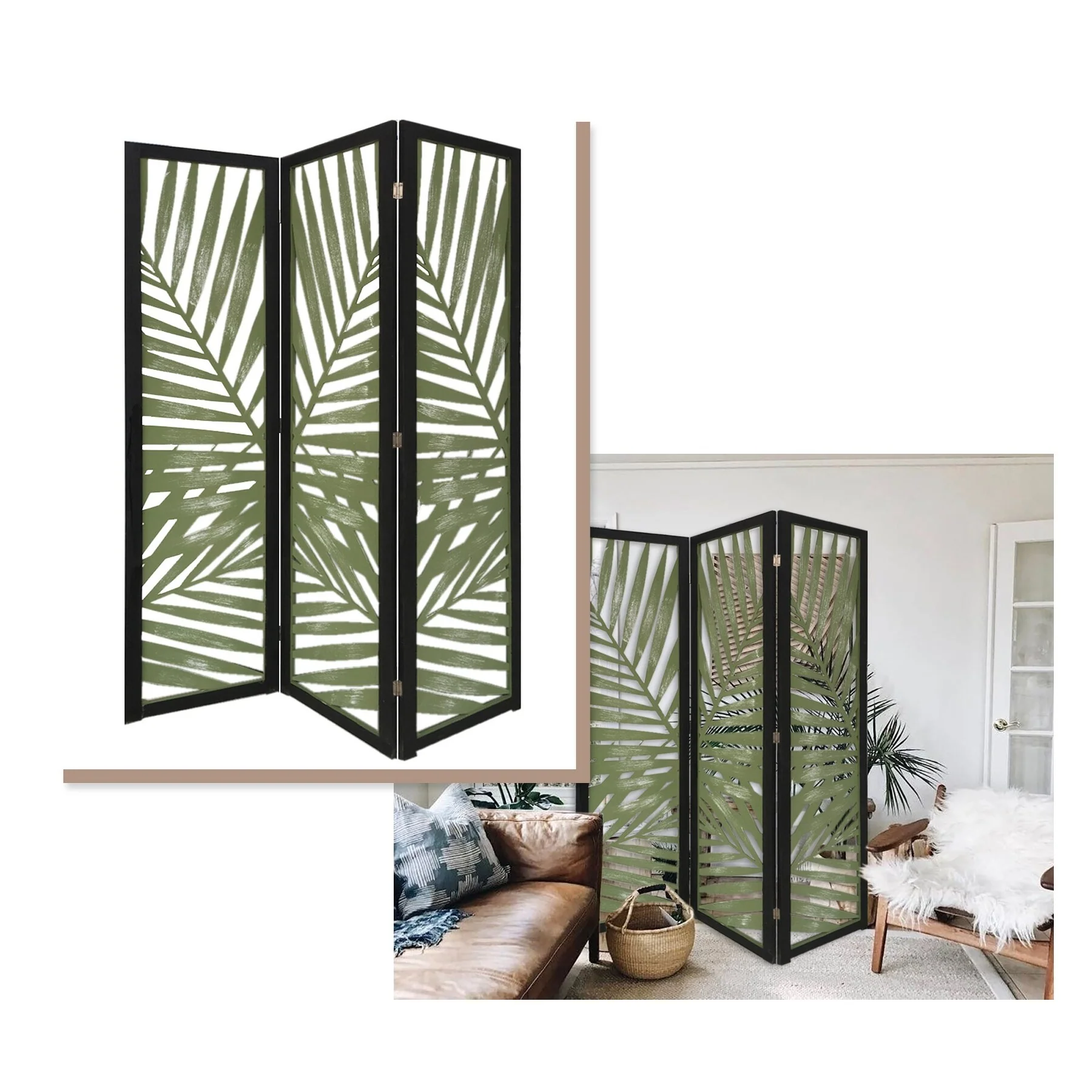 3 Panel Green Room Divider with Tropical leaf
