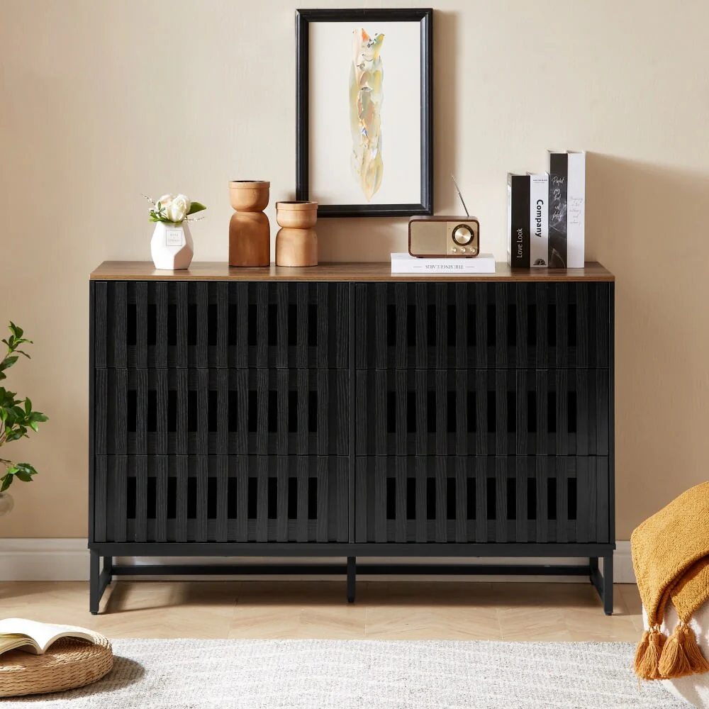 Modern Style 6-Drawer Double Dresser with Slatted Grille Striped Drawer and Hollow Caving, Wood Finish Top