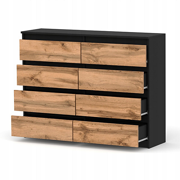 Commode moderne 120 cm Noir mat &Chêne Wotan - 8 tiroirs, grand meuble de rangement pour salon