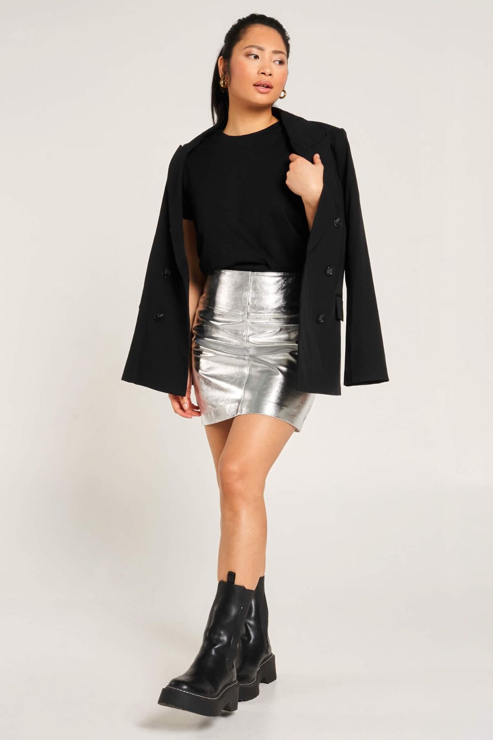 Barneys Originals Silver Leather Skirt