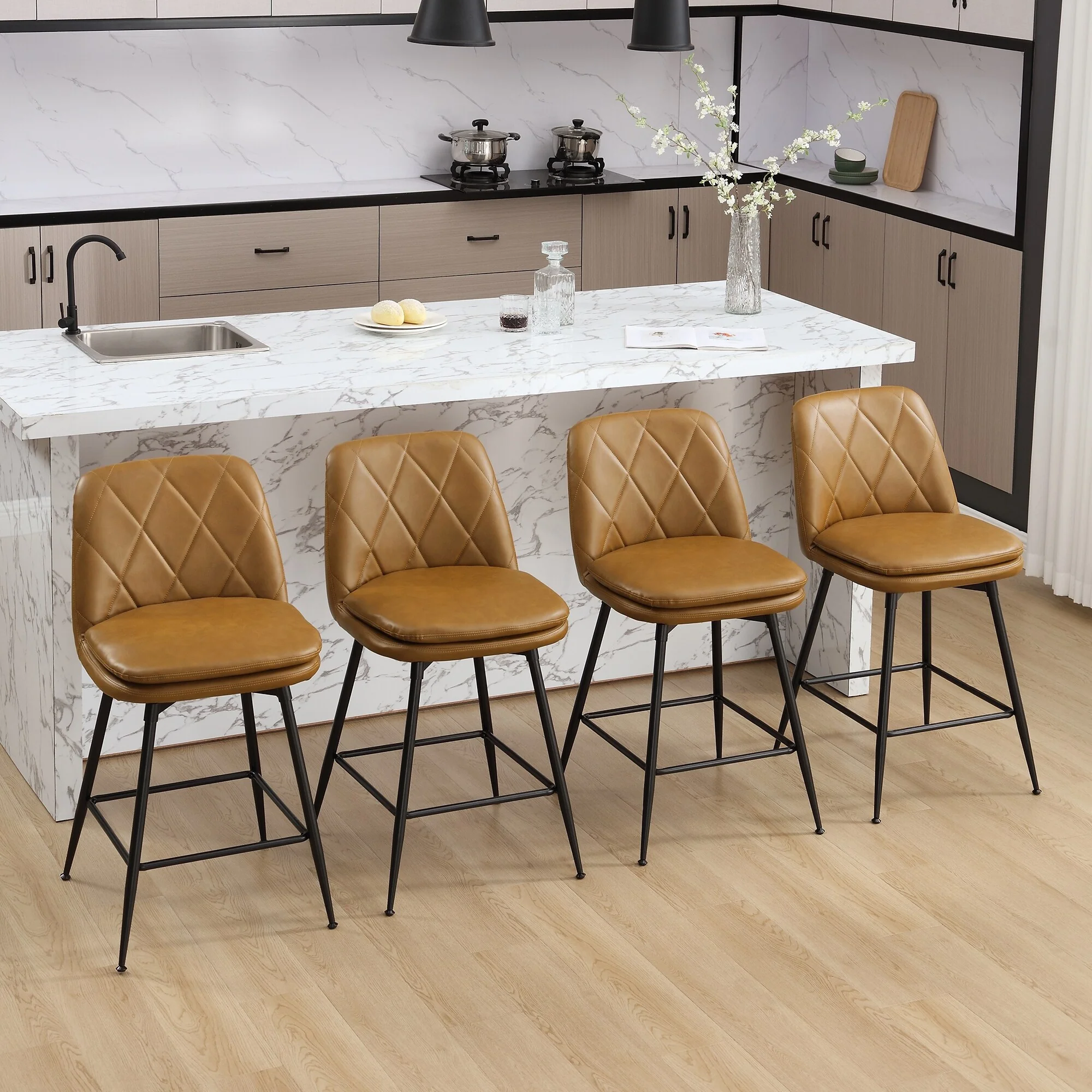 Faux Leather Upholstered Metal Frame Bar or Counter Height Swivel Bar Stools (Set of 4)