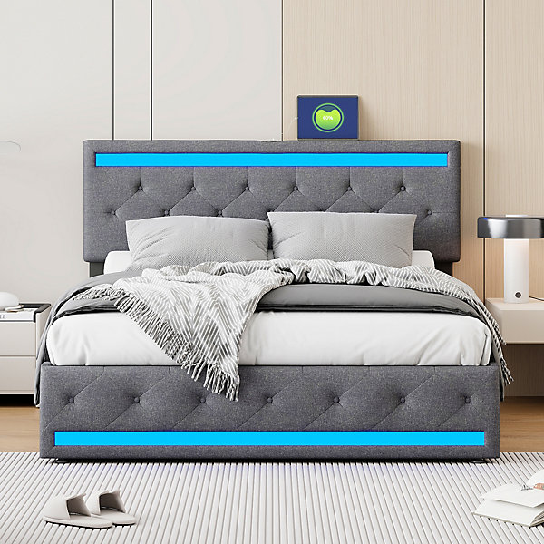 Lit Double Rembourré 140 X 190 Cm Avec 4 Tiroirs Et Sommier à Lattes En Bois Avec USB Et LED, Gris