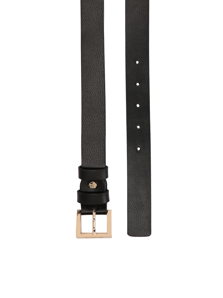 Black leather belt with gold buckle