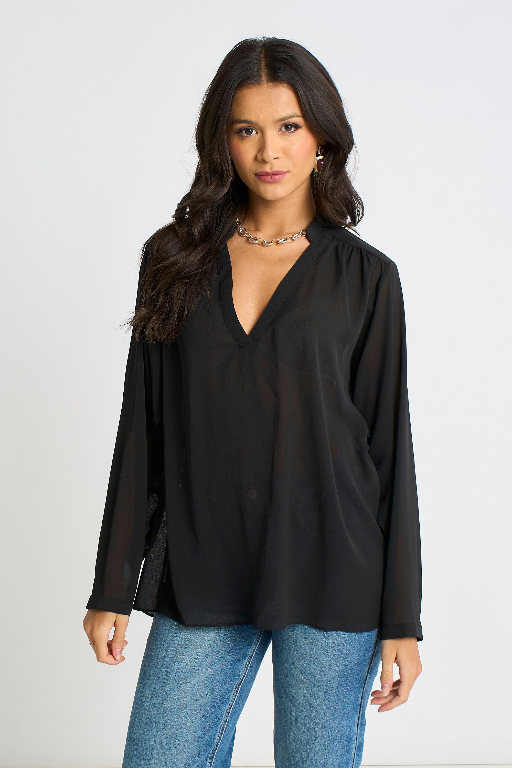 Gini London Black Textured Chiffon Oversized Blouse