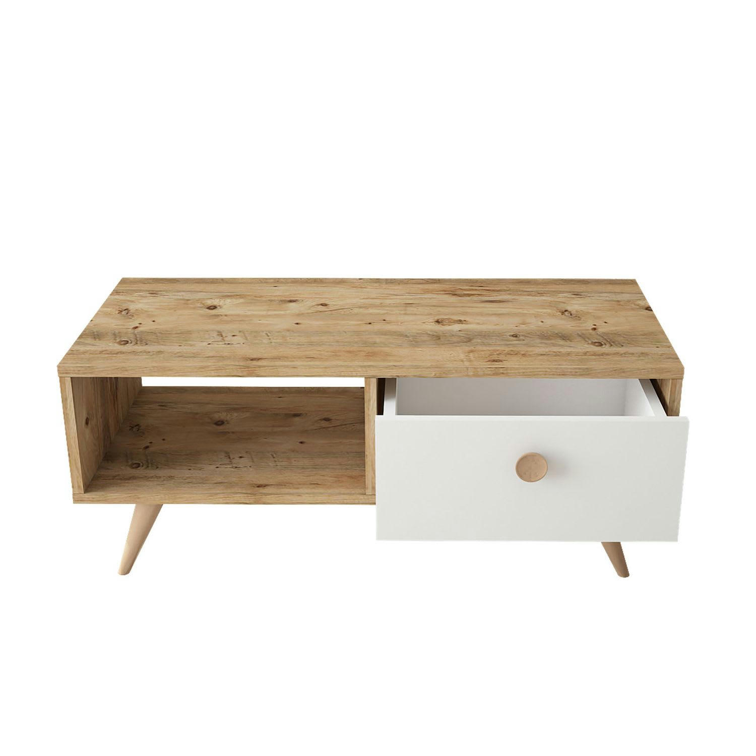 - Table basse avec 1 niche de rangement et 1 tiroir en panneaux de